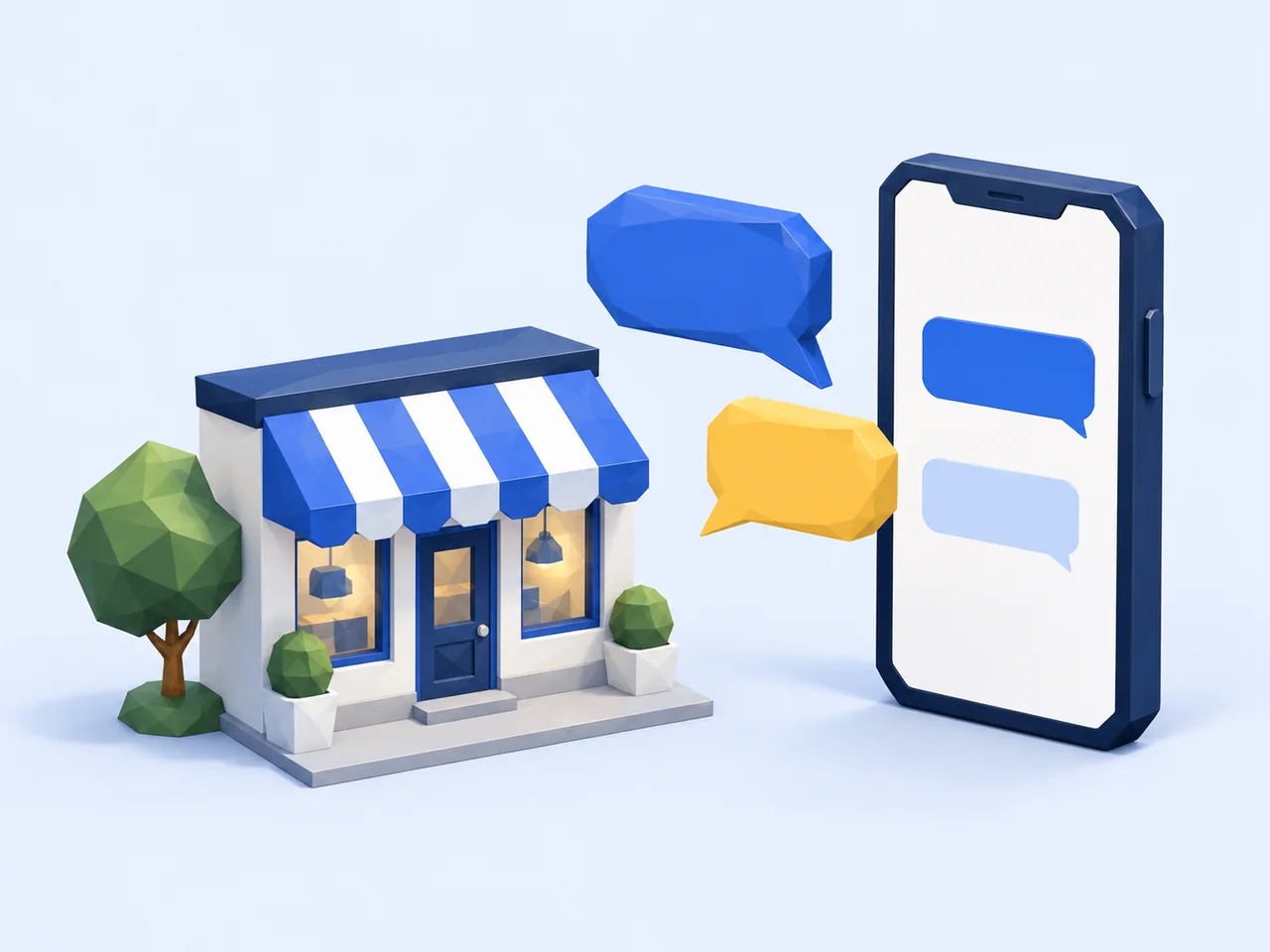 Low-poly neighborhood shop connected to a phone by blue and yellow text bubbles.